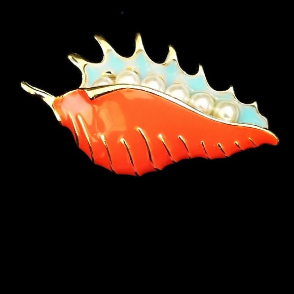Lirrio's Closet Jewelry - Orange & Blue Enamel Seashell Brooch Pearls NWT-